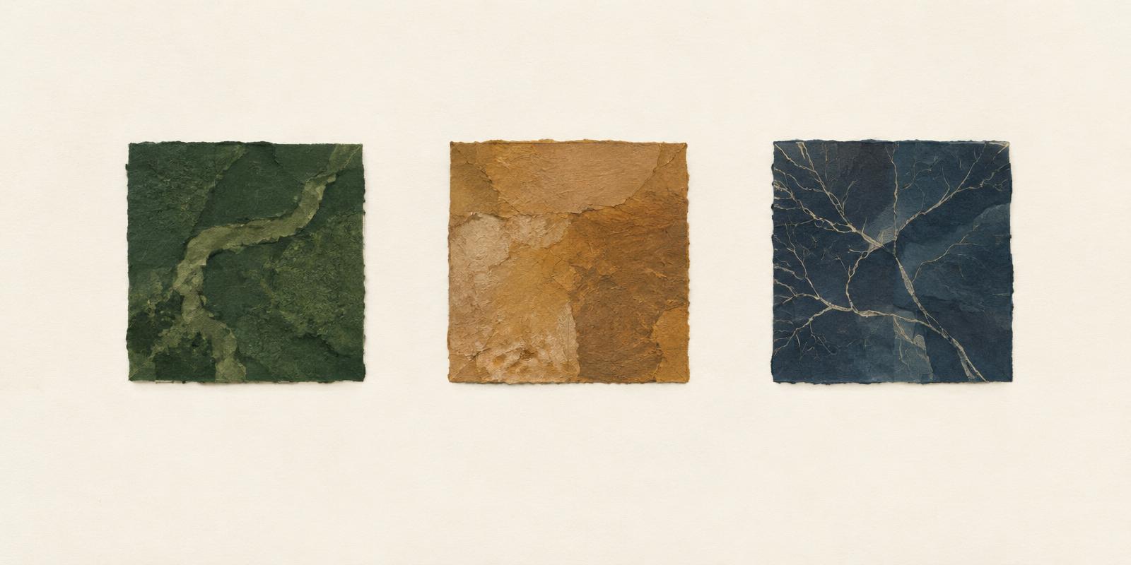 Three textured paper tiles in green, ochre and ink blue on ivory